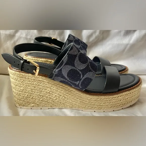 Coach Kami Denim/Blue Logo Coated Canvas Wedge Sandals Size US 9B NWOB