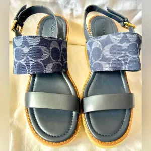 Coach Kami Denim/Blue Logo Coated Canvas Wedge Sandals Size US 9B NWOB