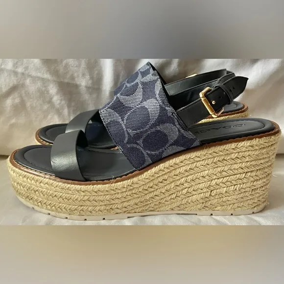 Coach Kami Denim/Blue Logo Coated Canvas Wedge Sandals Size US 9B NWOB