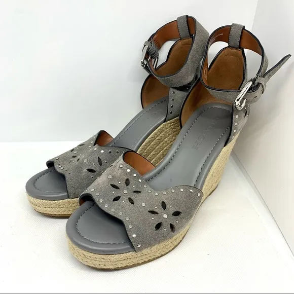 Coach Kelsi Grey Suede Wedge Sandals
