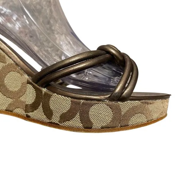 Coach Kinsey Wedge Sandals 9B Strap Signature Canvas Brown Leather Platform