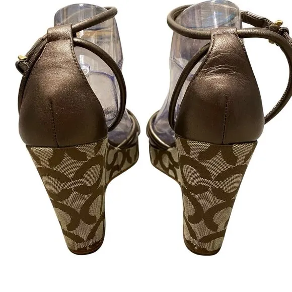 Coach Kinsey Wedge Sandals 9B Strap Signature Canvas Brown Leather Platform