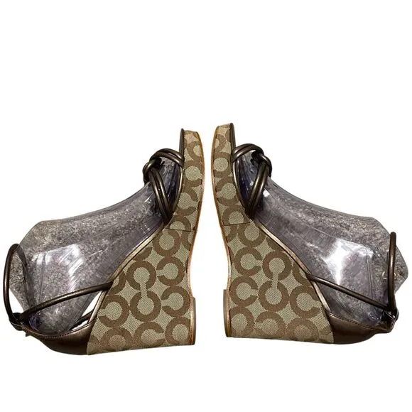 Coach Kinsey Wedge Sandals 9B Strap Signature Canvas Brown Leather Platform