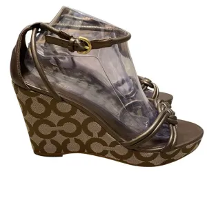 Coach Kinsey Wedge Sandals 9B Strap Signature Canvas Brown Leather Platform