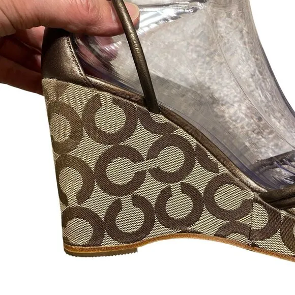 Coach Kinsey Wedge Sandals 9B Strap Signature Canvas Brown Leather Platform