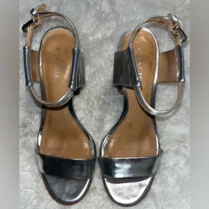 Coach Lexey Mirror Metallic Silver 4” Block Heels Sandals size 7.5