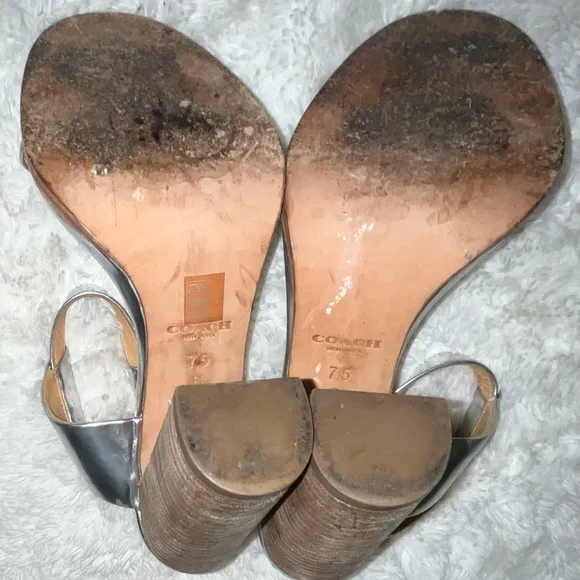 Coach Lexey Mirror Metallic Silver 4” Block Heels Sandals size 7.5