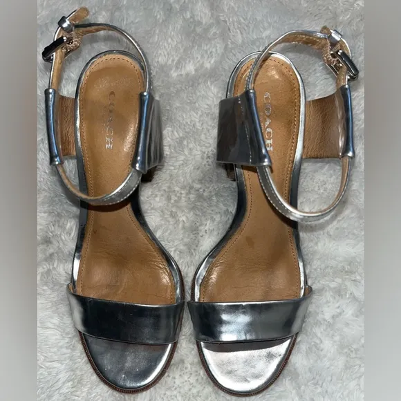 Coach Lexey Mirror Metallic Silver 4” Block Heels Sandals size 7.5