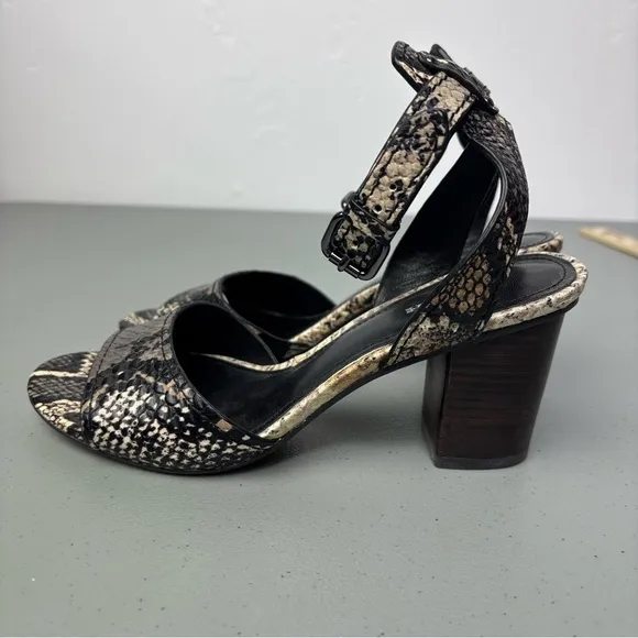 Coach Pipher Women's Heels Sandals 6.5B Black Snake Print Ankle Buckle Block