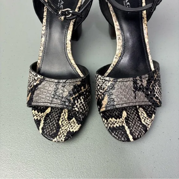 Coach Pipher Women's Heels Sandals 6.5B Black Snake Print Ankle Buckle Block