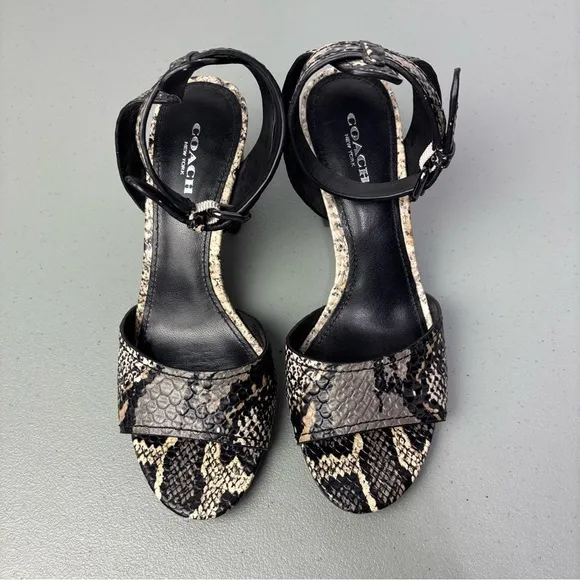 Coach Pipher Women's Heels Sandals 6.5B Black Snake Print Ankle Buckle Block