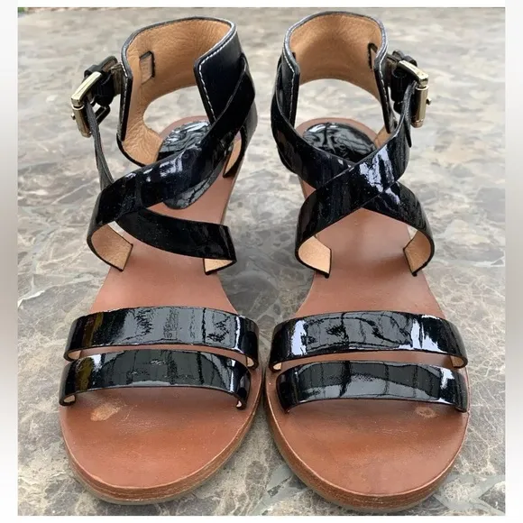 COACH PRUE PATENT LEATHER Wedge Sandals Size 6B Black Q1470 Side Buckle