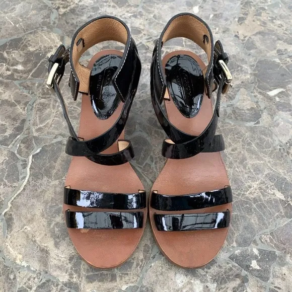 COACH PRUE PATENT LEATHER Wedge Sandals Size 6B Black Q1470 Side Buckle