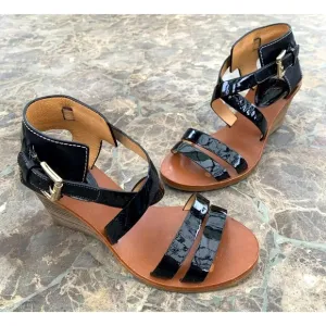COACH PRUE PATENT LEATHER Wedge Sandals Size 6B Black Q1470 Side Buckle