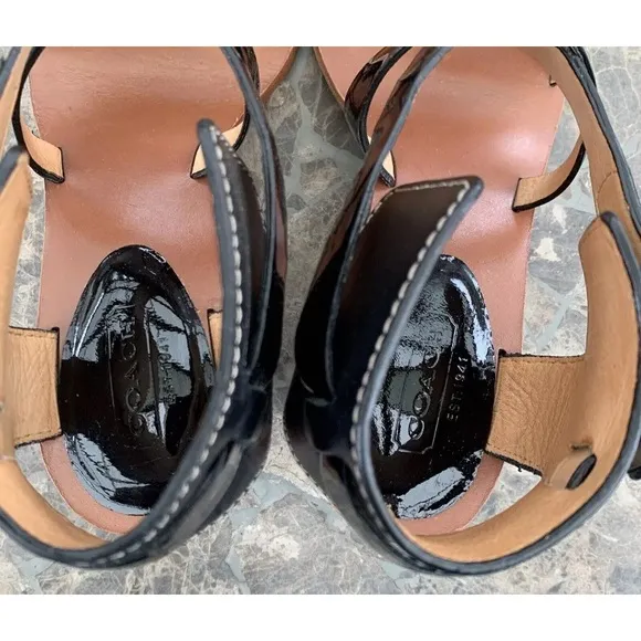 COACH PRUE PATENT LEATHER Wedge Sandals Size 6B Black Q1470 Side Buckle