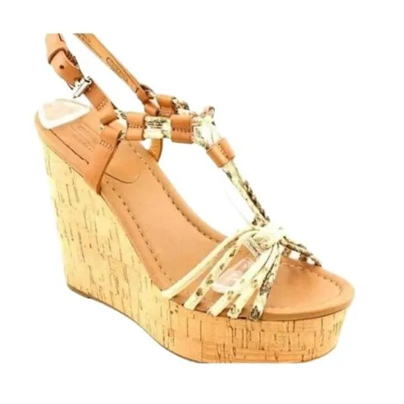 Coach Sandal Womens 9.5 Beige Tan Cork Wedge Braided Straps Open Toe Chic