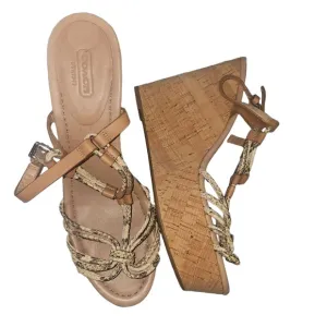 Coach Sandal Womens 9.5 Beige Tan Cork Wedge Braided Straps Open Toe Chic