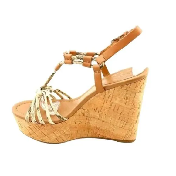 Coach Sandal Womens 9.5 Beige Tan Cork Wedge Braided Straps Open Toe Chic