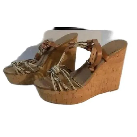 Coach Sandal Womens 9.5 Beige Tan Cork Wedge Braided Straps Open Toe Chic