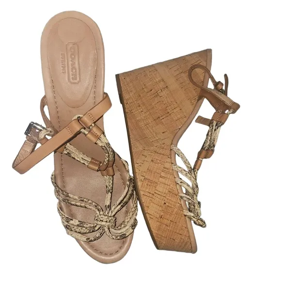 Coach Sandal Womens 9.5 Beige Tan Cork Wedge Braided Straps Open Toe Chic