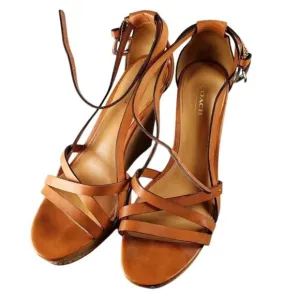 Coach Tan Leather Wedge Sandals With Strappy Design &amp; Adjustable Ankle Strap For