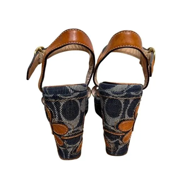 Coach Womans 5 Vintage 90s Kori Denim Leather Wedge Heel Sandals Flower Tan Blue