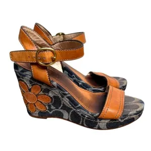Coach Womans 5 Vintage 90s Kori Denim Leather Wedge Heel Sandals Flower Tan Blue