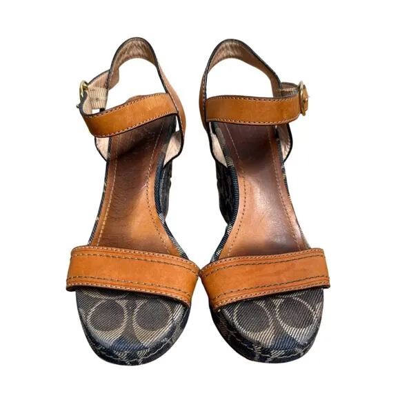 Coach Womans 5 Vintage 90s Kori Denim Leather Wedge Heel Sandals Flower Tan Blue