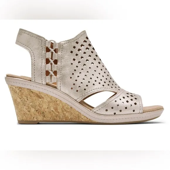 COBB HILL by Rockport Women's Janna Wedge Leather Sandals Metallic Gold sz 9.5