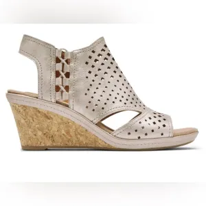 COBB HILL by Rockport Women's Janna Wedge Leather Sandals Metallic Gold sz 9.5
