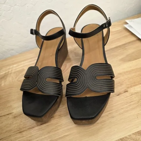 Coclico Midwood Wedge Sandals Black Leather Women's Size 9 EU 40