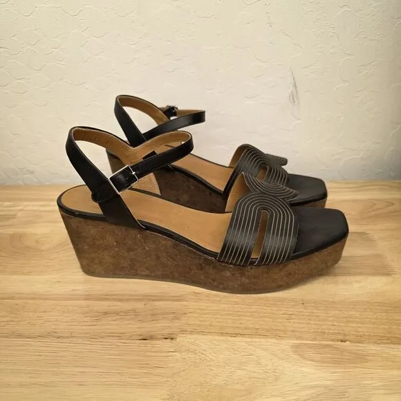 Coclico Midwood Wedge Sandals Black Leather Women's Size 9 EU 40