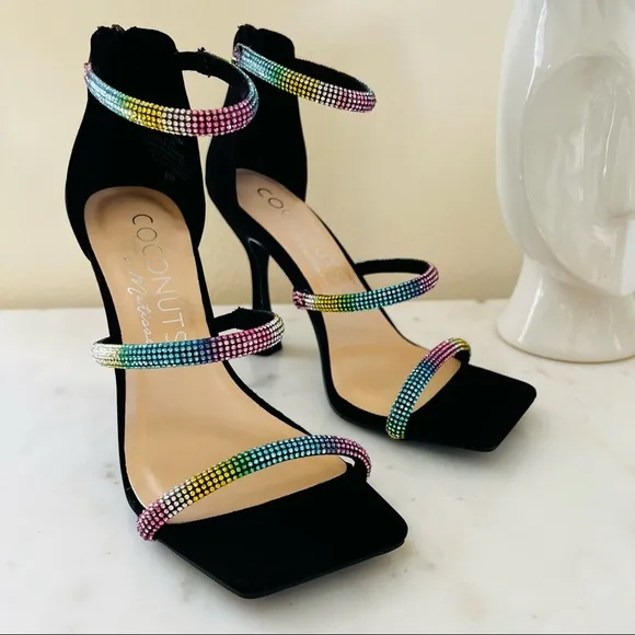 Coconuts by Matisse High Flared Heel Square Tow Rhinestone Strap Sandals Pumps