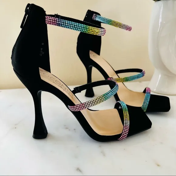Coconuts by Matisse High Flared Heel Square Tow Rhinestone Strap Sandals Pumps