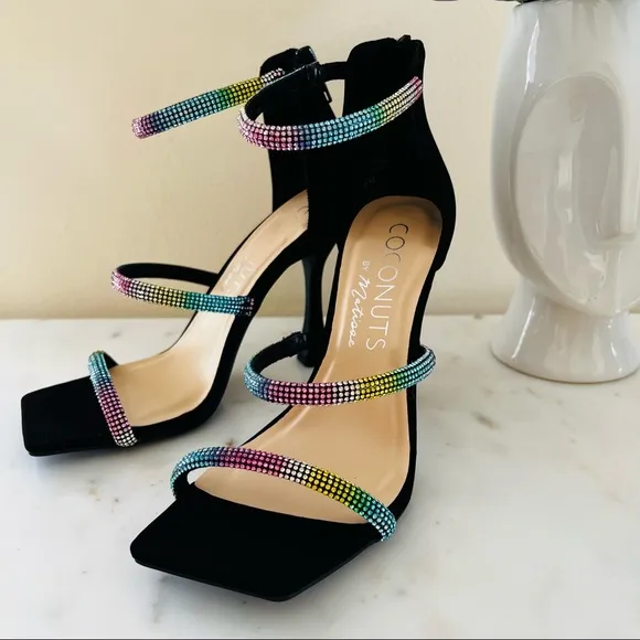 Coconuts by Matisse High Flared Heel Square Tow Rhinestone Strap Sandals Pumps