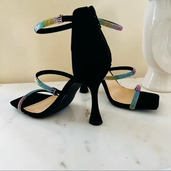 Coconuts by Matisse High Flared Heel Square Tow Rhinestone Strap Sandals Pumps