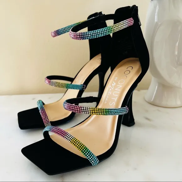 Coconuts by Matisse High Flared Heel Square Tow Rhinestone Strap Sandals Pumps