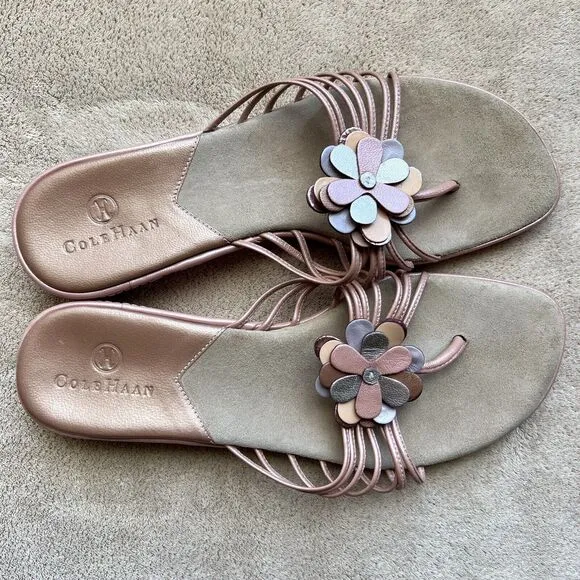 Cole Haan Camdyn Pearlized Pink Daisy Slide Flat Sandals w/ Toe Post Women’s 6.5