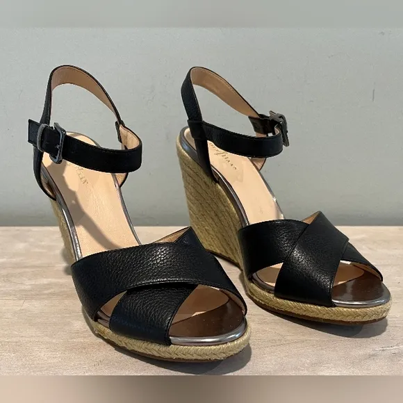 Cole Haan Hart Wedge Sandals In Black Leather With Jute Trim  Size 8.5B  NWOB