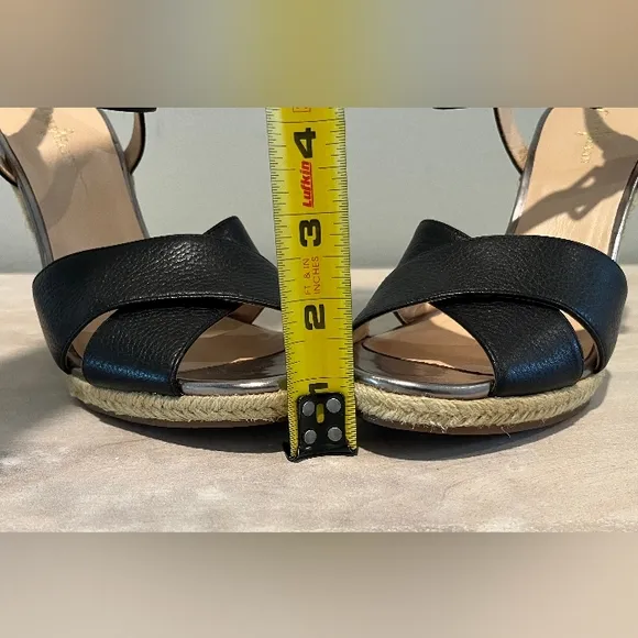 Cole Haan Hart Wedge Sandals In Black Leather With Jute Trim  Size 8.5B  NWOB