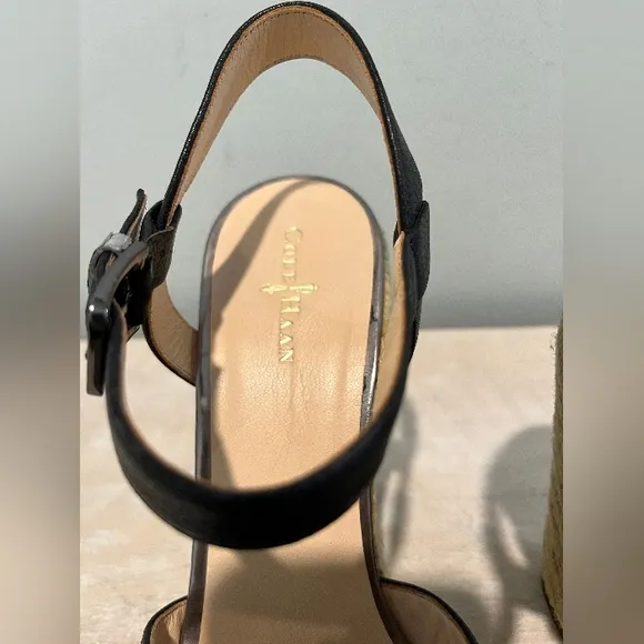Cole Haan Hart Wedge Sandals In Black Leather With Jute Trim  Size 8.5B  NWOB