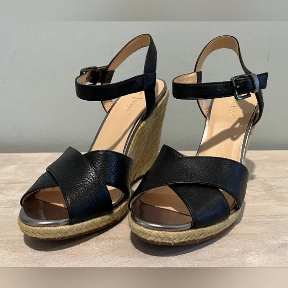 Cole Haan Hart Wedge Sandals In Black Leather With Jute Trim  Size 8.5B  NWOB