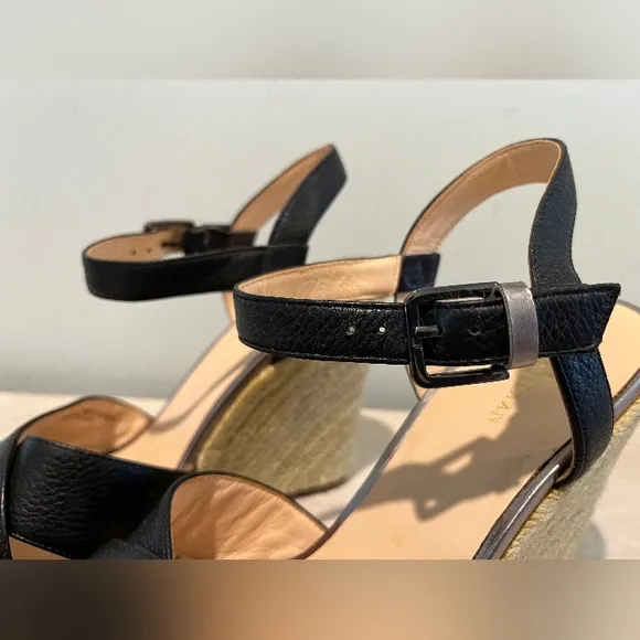Cole Haan Hart Wedge Sandals In Black Leather With Jute Trim  Size 8.5B  NWOB