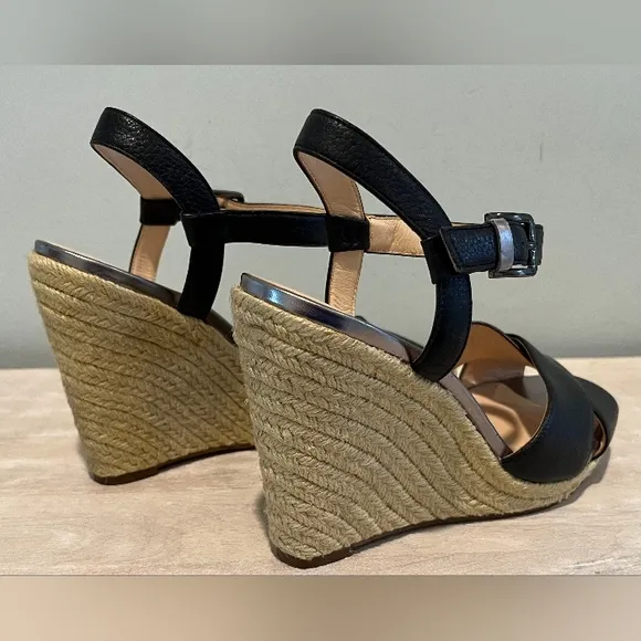Cole Haan Hart Wedge Sandals In Black Leather With Jute Trim  Size 8.5B  NWOB