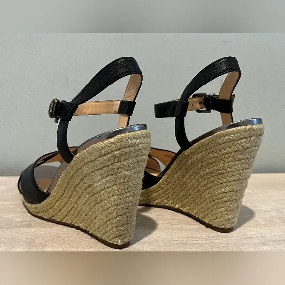 Cole Haan Hart Wedge Sandals In Black Leather With Jute Trim  Size 8.5B  NWOB