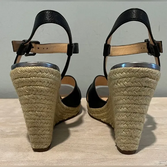 Cole Haan Hart Wedge Sandals In Black Leather With Jute Trim  Size 8.5B  NWOB