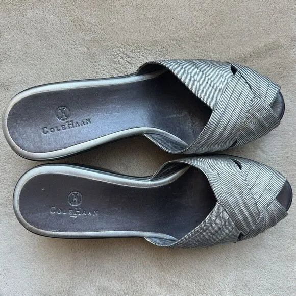 Cole Haan Metallic Silver Open Peep Toe Wedge Slip On Slide Sandal Women’s 8 B