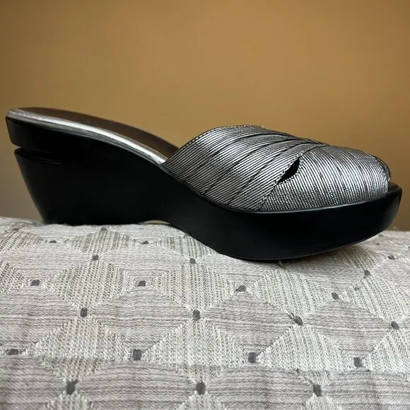Cole Haan Metallic Silver Open Peep Toe Wedge Slip On Slide Sandal Women’s 8 B