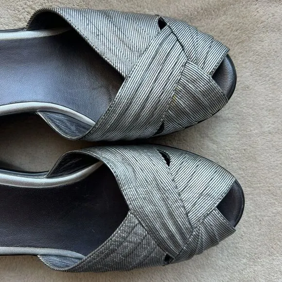 Cole Haan Metallic Silver Open Peep Toe Wedge Slip On Slide Sandal Women’s 8 B