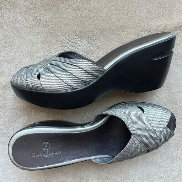 Cole Haan Metallic Silver Open Peep Toe Wedge Slip On Slide Sandal Women’s 8 B